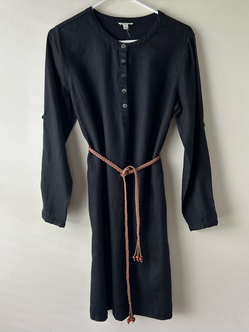 Garnet Hill 100% Linen Shirt Dress Midi Beaded Braided Belt Black Brown 8